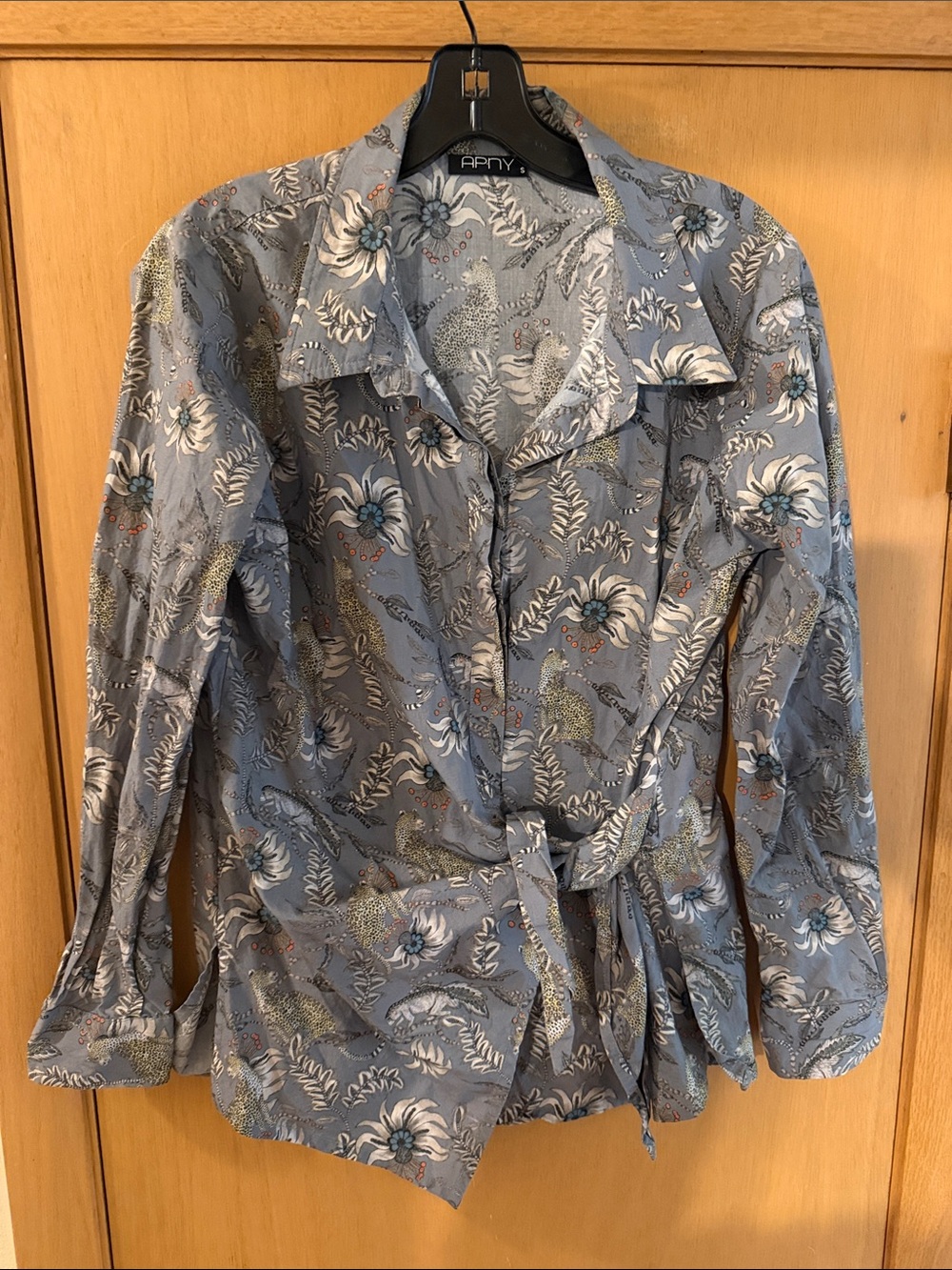 APNY Women’s Cheetah Floral Print Tie Blouse Shirt Gray Size Small